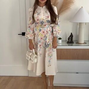 Zimmer Inspired Floral Cream Midi Dress with Puff Sleeves